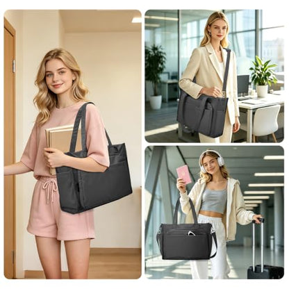 oscaurt Work Tote Bag for Women, 18 Pocket Laptop Tote, 15.6" Compartment - color: Dark Grey