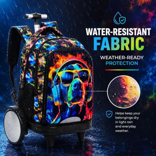 3Pcs Rolling Backpack for Boys with Detachable Large Wheels, Kids Cool Dog Wheeled Backpack Set for Elementary School Travel (Black) - color: Dog Black
