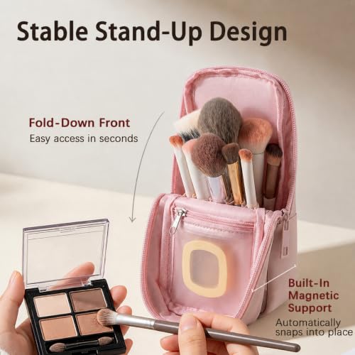 Standing Travel Makeup Bag, Small Fold-Down Makeup Brush Organizer (Pink) - color: Pink