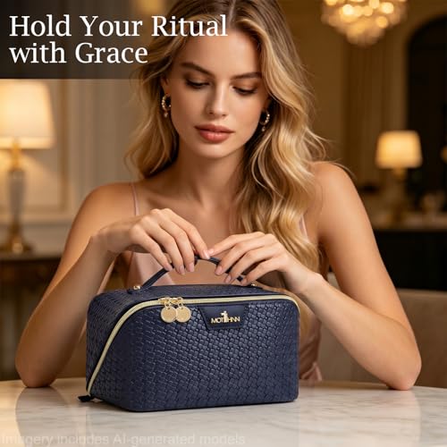 Travel Makeup Bag for Women: 3 Pcs Set Vagen Leather Cosmetic Bag - color: 02Blue
