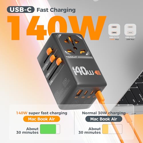 TESSAN Universal Travel Adapter, 140W GaN, Black - color: Black&Orange-140W