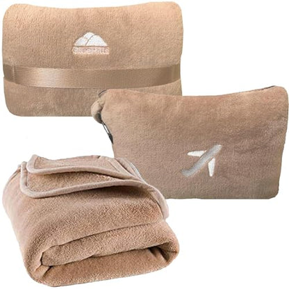 BlueHills Premium Soft Plush Mini Travel Blanket Pillow Long Flights Beige - color: Beige-m06