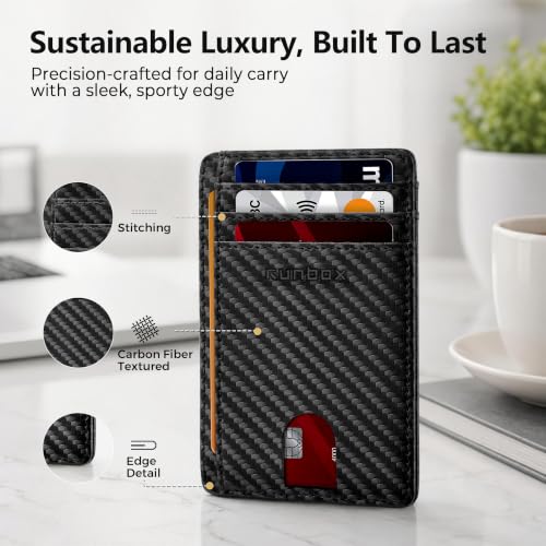 RUNBOX Slim Wallet for Men and Women, RFID Blocking Leather Card Holder - color: Carbon Fiber Black