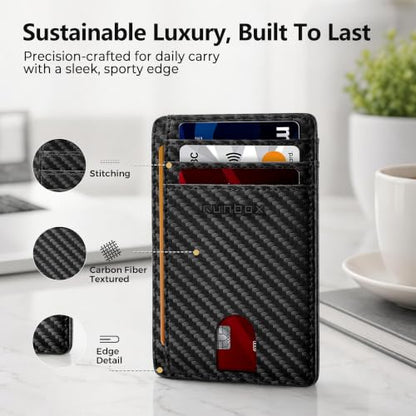 RUNBOX Slim Wallet for Men and Women, RFID Blocking Leather Card Holder - color: Carbon Fiber Black