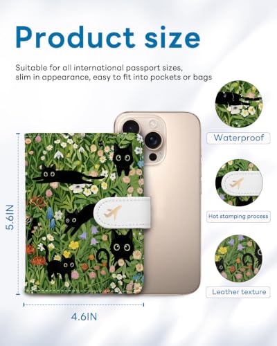 RFID Passport Holder with Tracker Slot, Leather Travel Wallet - color: Lawn Cats