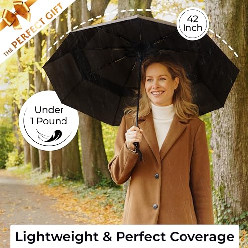 TUMELLA Strongest Windproof Travel Umbrella (Compact, 100MPH Wind-Tested), Light, Portable, One-Handed Use, Automatic Folding Rain Umbrella, Durable, Premium Grip, Fits Car & Backpack - color: 1-pack Black