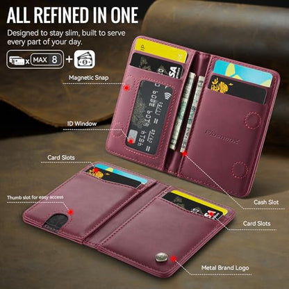 Slim Wallet for Women RFID Blocking Credit Card Holder Bifold Front Pocket Mini Wallet with 8 Card Slots and 2 Cash Pockets, Minimalist PU Leather Small Travel Purse Compact Gift, Burgundy - color: Burgundy