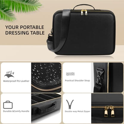 15''X11'' Large Capacity Makeup Bag with LED Mirror, Professional Makeup Case Organizer with 3 Color Light Adjustable Brightness, Travel Make up Cosmetic Case with Detachable Dividers & Shoulder Strap - color: Black, style: Integrated
