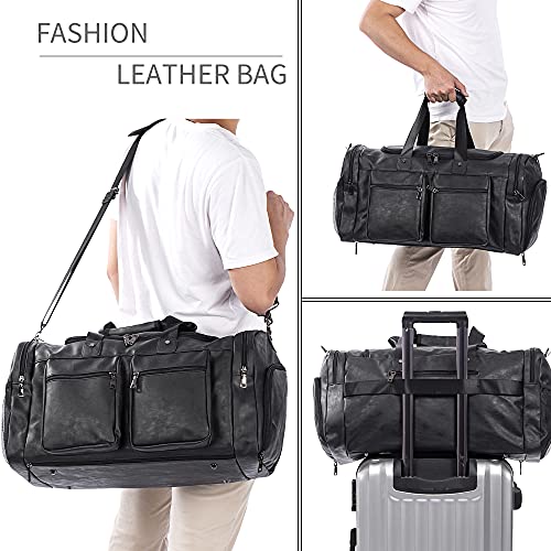 Travel Bag with Shoe Pouch,Weekender Overnight Bag Leather Large Carry On Bag - color: Black