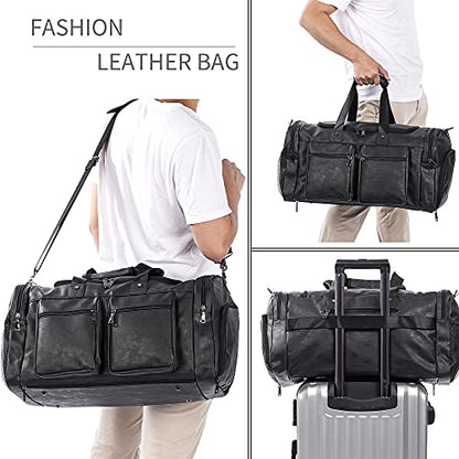 Travel Bag with Shoe Pouch,Weekender Overnight Bag Leather Large Carry On Bag - color: Black
