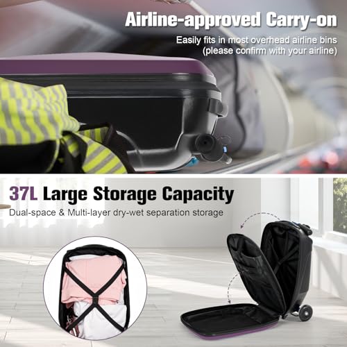 Scooter Luggage for Kids, Ride On Suitcase, Lightweight Foldable Luggage - color: Purple