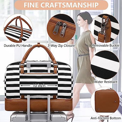 4PCS Weekender Bags for Women Large Overnight Weekend Travel Duffel Bags - color: Wide Black White-CH