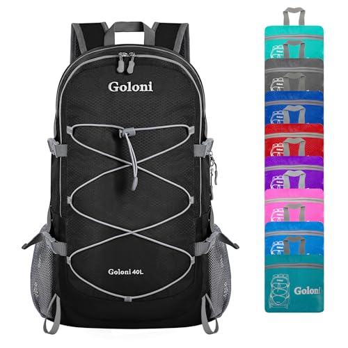 Goloni Ultra Lightweight Packable Backpack 40L - Foldable Hiking Backpack Water Resistant Small Foldable Daypack for Travel,Black - color: Black
