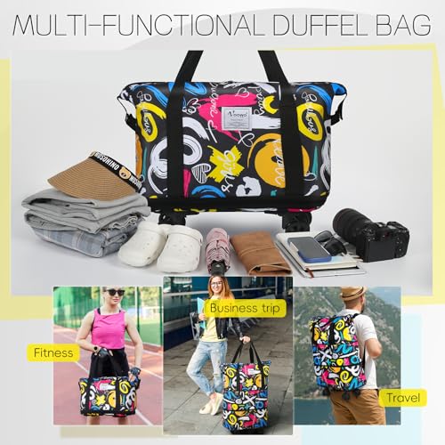 Duffel Bag with Wheels - Rolling Foldable Expandable Duffle Bag with Wheels for Travel, Rolling Luggage Carry On Bag with Wheels, Large Rolling Backpack Weekend Bags for Men Women (Black) - color: Graffiti