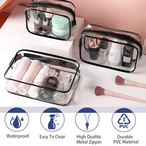 6 Pieces Clear Cosmetics Bag Bulk, TSA Approved Toiletry Bag for Travel, Zippered Clear Pouch Cosmetic Makeup Bag Waterproof Vinyl Plastic Organizer Case for Vacation Bathroom (Large) - color: 6 Large Black
