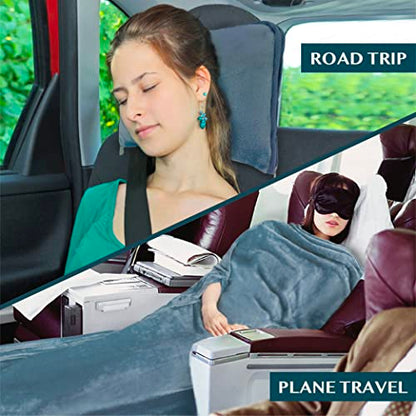PAVILIA Compact 2-in-1 Travel Blanket Pillow for Airplane Flight, Blue - color: Dusty Blue