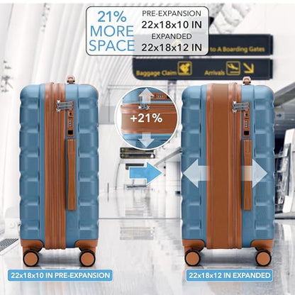 Flight Knight 22x18x10 Expandable Carry On Suitcase Hardside TSA Lock & USB C Port Lightweight Luggage Silent Double Spinner Wheels Maximum Spirit Overhead Carry-On Bag Airlines Approved Blue/Tan - color: Blue/Tan, size: 22x18x10"