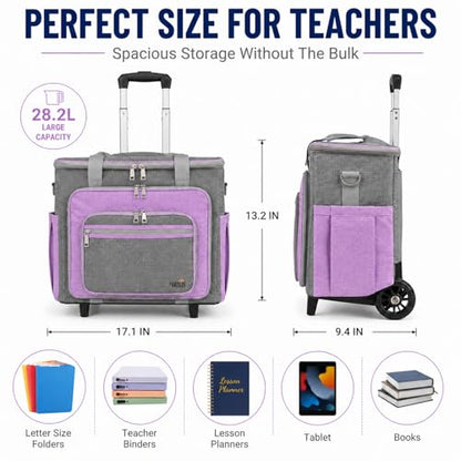 Rolling Craft Bag With Wheels, Teacher Organizer Tote With Detachable Trolley - color: purple, size: 2 Wheels & Fixed Front Feet