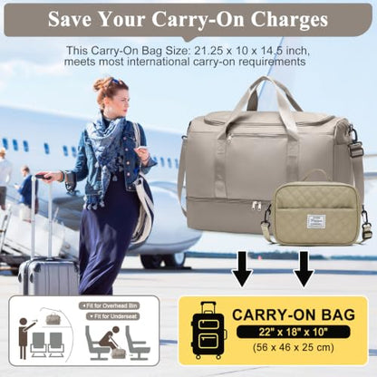 Extra Large Travel Duffle Bag, Carry-On Weekender Bags for Women Travel - color: Camel with Grid Toiletry Bag, size: Extra Large