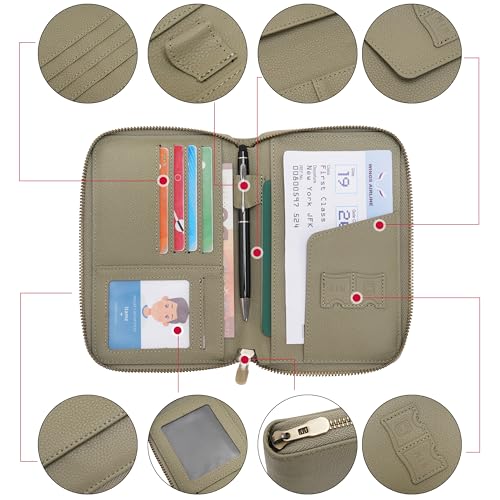 Leather Zipper Passport Wallet Holder Travel Essentials with RFID Blocking - color: Green