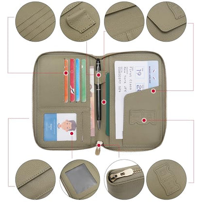 Leather Zipper Passport Wallet Holder Travel Essentials with RFID Blocking - color: Green