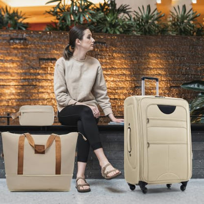 Luggage Set,Softside Polyestey with front pockets,4 Piece，Khaki | Suitcase set,with 360° Spinner Wheels and TSA Locks,Expandable,for organized travel,duffel & toiletry bag,22/26/30 Inch - color: Khaki