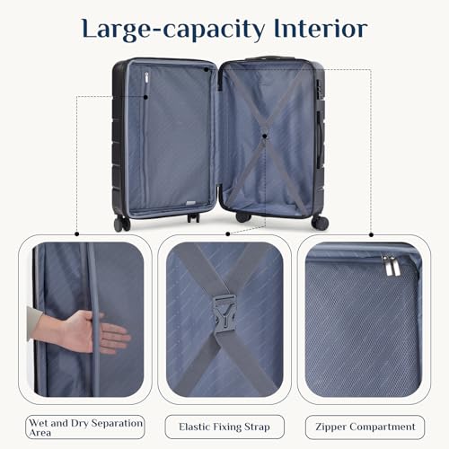 NEWBULIG 3 Piece Luggage Set, Expandable Suitcase with Spinner Wheels - color: Black, size: 3-PCS Set (20/24/28 Inch)