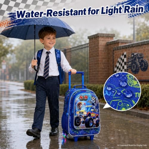 3Pcs Truck Rolling Backpack for Boys, Kids Wheel Backpack with Lunch Box, Lightweight Roller Backpack with Light-Up Wheels for Elementary Preschool Kindergarten (Blue) - color: Truck Blue