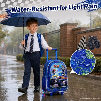 3Pcs Truck Rolling Backpack for Boys, Kids Wheel Backpack with Lunch Box, Lightweight Roller Backpack with Light-Up Wheels for Elementary Preschool Kindergarten (Blue) - color: Truck Blue
