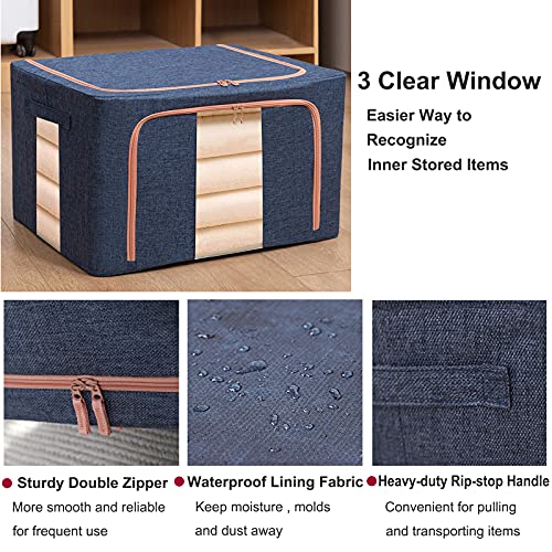100L Large Storage Bags,Stackable Clothes Storage Bins with Hold Shape Metal Frame,Foldable Closet Organizer Containers with Zipper,Clear Window,Thick Fabric for Seasonal Clothing (Gray, 4 Pack)