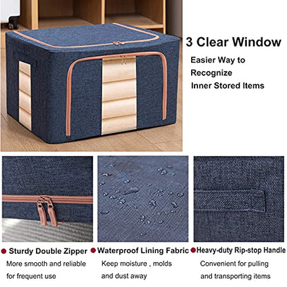 100L Large Storage Bags,Stackable Clothes Storage Bins with Hold Shape Metal Frame,Foldable Closet Organizer Containers with Zipper,Clear Window,Thick Fabric for Seasonal Clothing (Gray, 4 Pack)