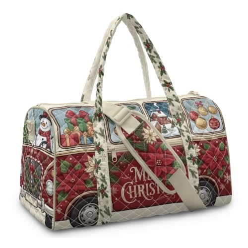 Youngerbaby Red Christmas Bus Quilted Weekender Duffle Bag for Women - color: Christmas Red Bus