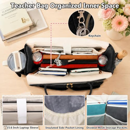 SIYNPAV Teacher Tote Bag with 15.6 in Laptop Compartment& Cup Holder Black - color: Stylish Black