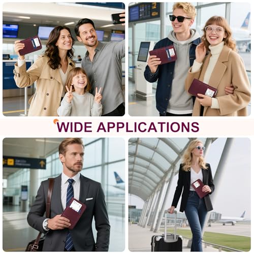 RFID Family Passport Holder Wallet - Travel Document Organizer - color: Wine Red