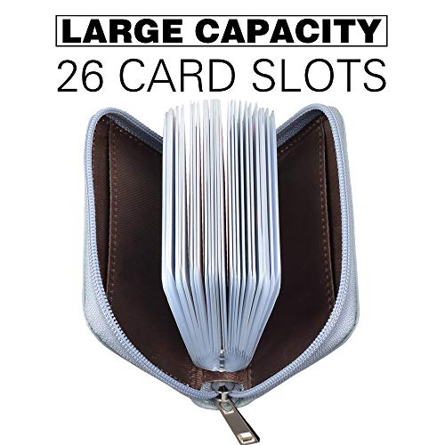 Easyoulife Genuine Leather Credit Card Holder Zipper Wallet With 26 Card Slots - color: Light Blue, size: small