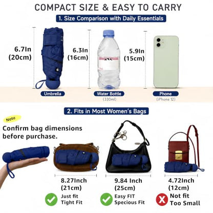 BAODINI Mini Travel Umbrella with UV Sun Protection, Compact Pocket-Size - color: Dark Blue