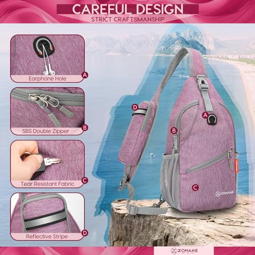 ZOMAKE Sling Bag,Small Crossbody Sling Backpack Shoulder Daypack for Travel - color: Purple, size: 7L