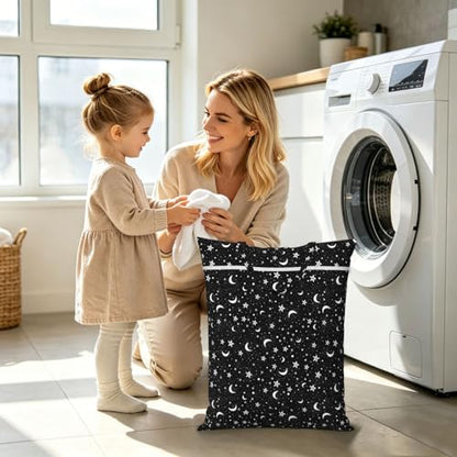 "black and white moon star 2-Pack Travel Laundry Bags for Dirty Clothes- Large Waterproof Laundry Tote, Wet & Dry Use, Reusable Foldable Carry Handles for Vacation, Gym & Dorm" - color: Black And White Moon Star