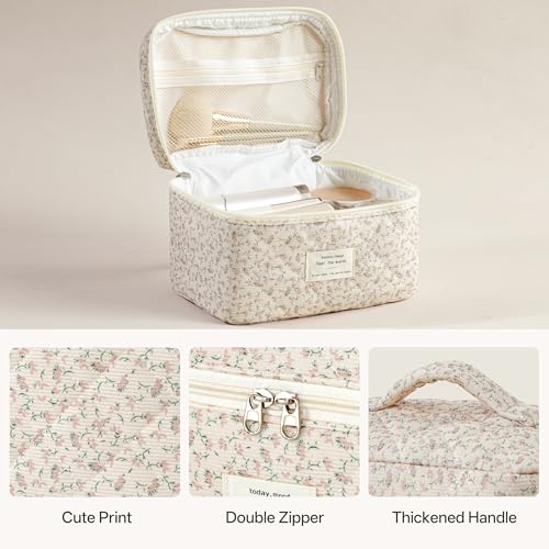 HBselect Quilted Makeup Bag, 3Pcs Cotton Large Travel Makeup Bags Organizer - color: A-3PCS-Floral 50