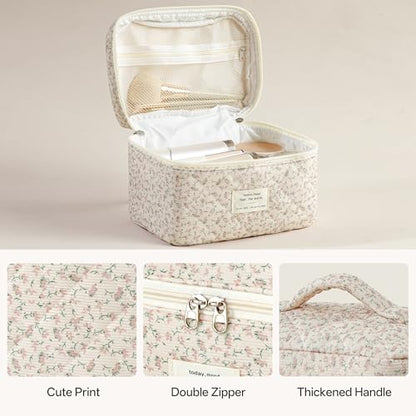 HBselect Quilted Makeup Bag, 3Pcs Cotton Large Travel Makeup Bags Organizer - color: A-3PCS-Floral 50