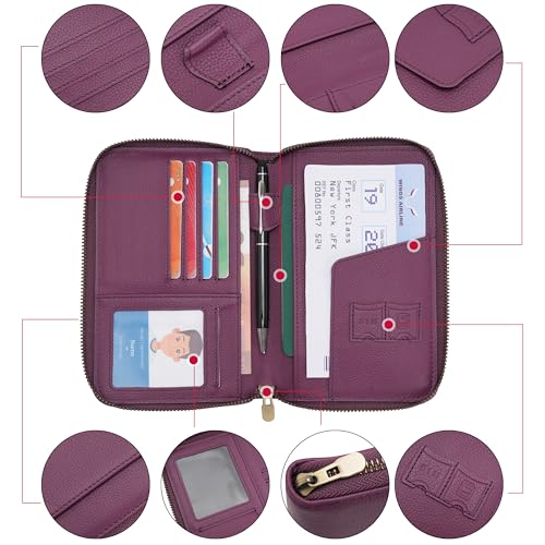 Leather Zipper Passport Wallet Holder Travel Essentials with RFID Blocking - color: Purple