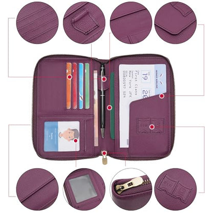 Leather Zipper Passport Wallet Holder Travel Essentials with RFID Blocking - color: Purple