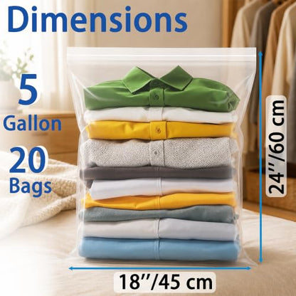 Extra Large 5 Gallon Zippered Plastic Bags for Storage- 18'' x 24'', Ideal for Clothes Clothing, Travel, Moving, 2-mil Thick Clear Plastic, 20 pack - size: 5 gal-20 pack