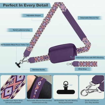 YFWE Clip and Go Strap for Phone with Wallet Crossbody, Adjustable Phone Lanyard with Detachable RFID Wristlet Wallet, Pattern Strap - Dark Purple (L) - color: Dark Purple, size: Large