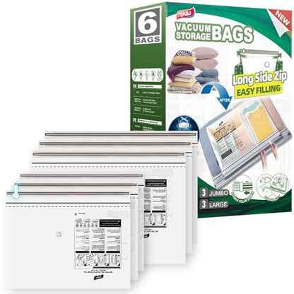 TAILI 6 Pack Vacuum Storage Bags, Combo(3 Large+3 Jumbo), Space Saver for Bedding, Blankets, Pillows, Clothes, LONG SIDE ZIP Vacuum Seal Bags for Clothing Ideal Under Bed Storage Solution - size: 6 Combo-Long