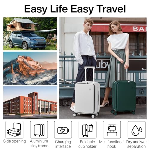 mixi Carry On Luggage with Cup Phone Holder and Charger Hard Shell Suitcases with Spinner Wheels,20 Inch Blackish Green - color: Blackish green, size: 20-inch