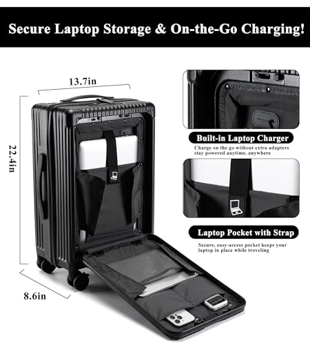 feilario Hardside Carry On Luggage, Zipper Closure, TSA Lock, USB Port - color: A-Jet Black (with zipper closure)