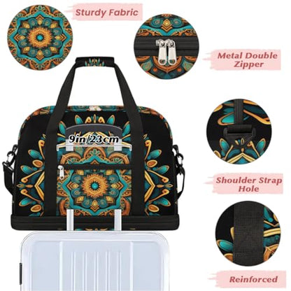 Travel Duffle Bags With Shoes Compartment for Women Men Mandala Flower Ethnic Boho Lightweigh Sports Tote Gym Bag Foldable Canvas Weekender Overnight Carry On Luggage Handle Bag - color: A02: Mandala