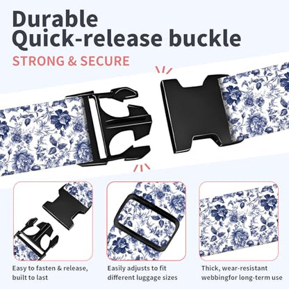 Luggage Strap for Suitcases Adjustable Travel Belt with Quick Release Buckle, Cute Travel Accessories for Suitcase Strap White Blue Flowers - color: White Blue Flowers