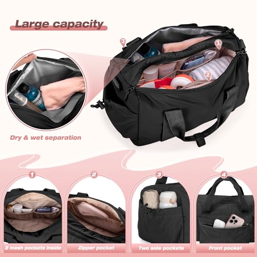 Small Gym Bag for Women, Min Duffle Bag with Wet Compartment - color: Black